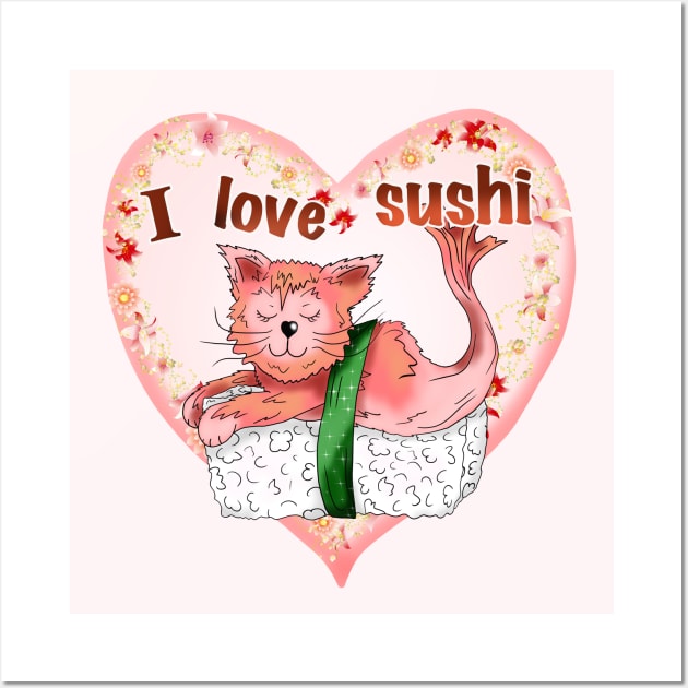 sushi cat I love sushi heart Wall Art by cuisinecat